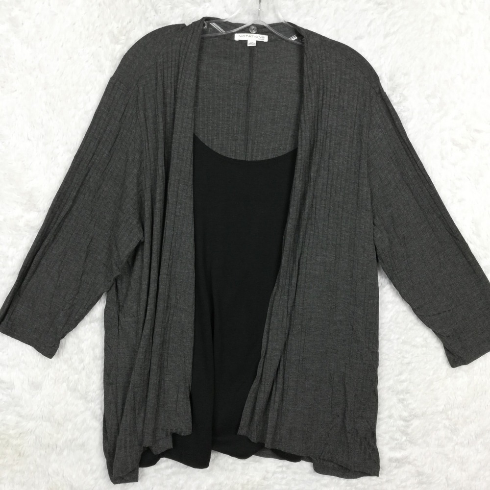 Notations Womens Sweater Cardigan‎ Gray Open Front Black Ribbed Half Sleeve 2X